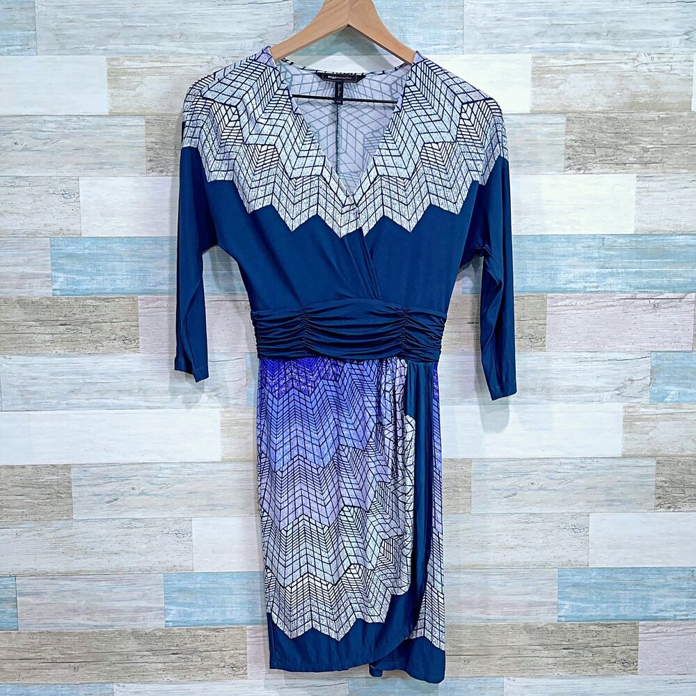 BCBGMaxAzria Ruched Waist Faux Wrap Dress Blue Long Sleeve Stretch Womens XXS